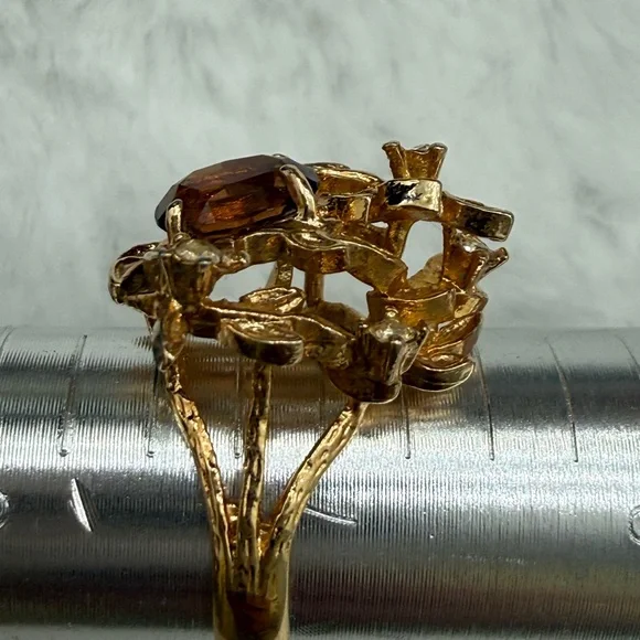 Vintage Floral Smoky Topaz Rhinestone Ring Gold Tone 18K HGE - Picture 14 of 15